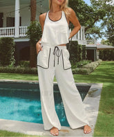 Loose White Cotton Tank Wide Two Piece Set WHITE / S