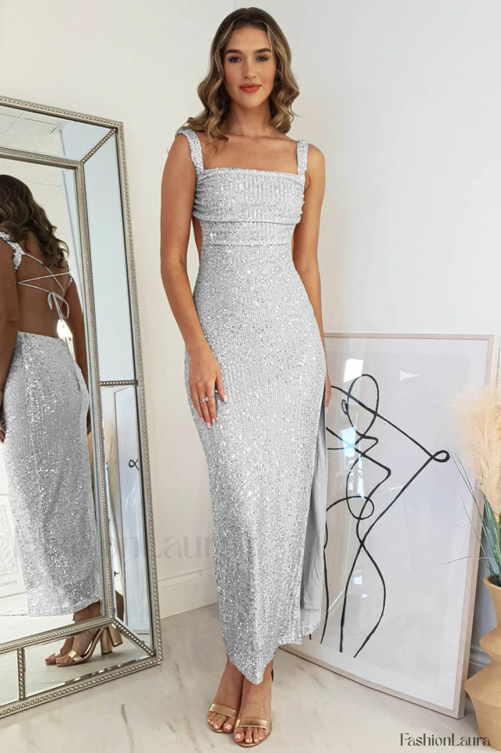 Lulana Sequin Stylish Midi Dress S / Silver