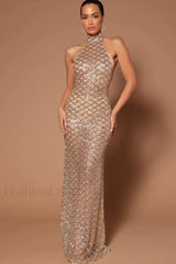Lunia Sequin Stylish Backless Maxi Dress S / Champagne