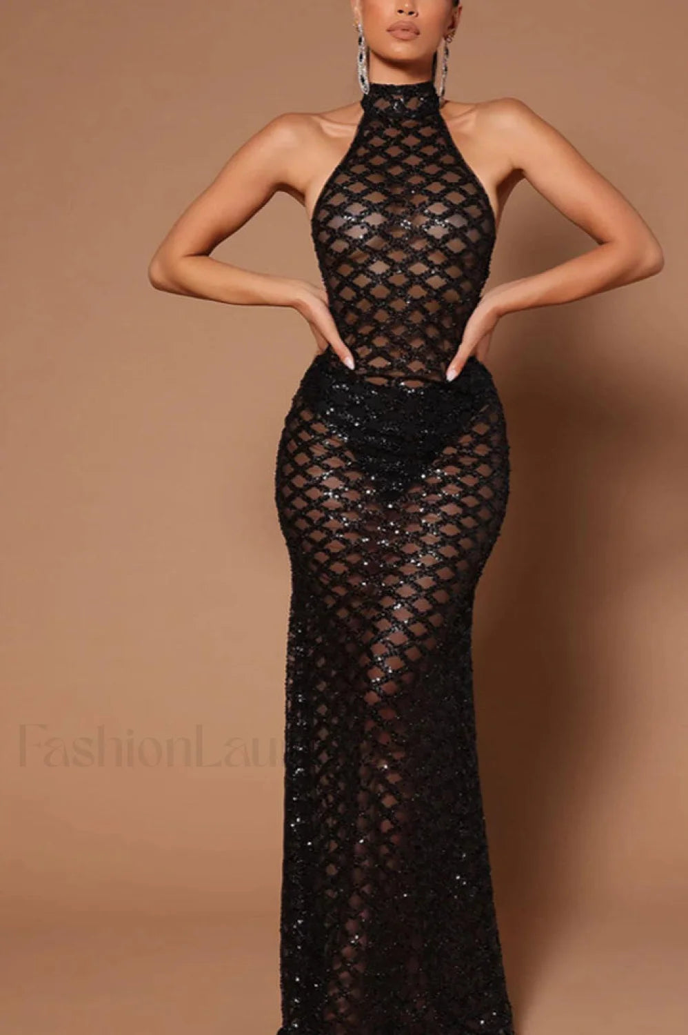 Lunia Sequin Stylish Backless Maxi Dress S / Black