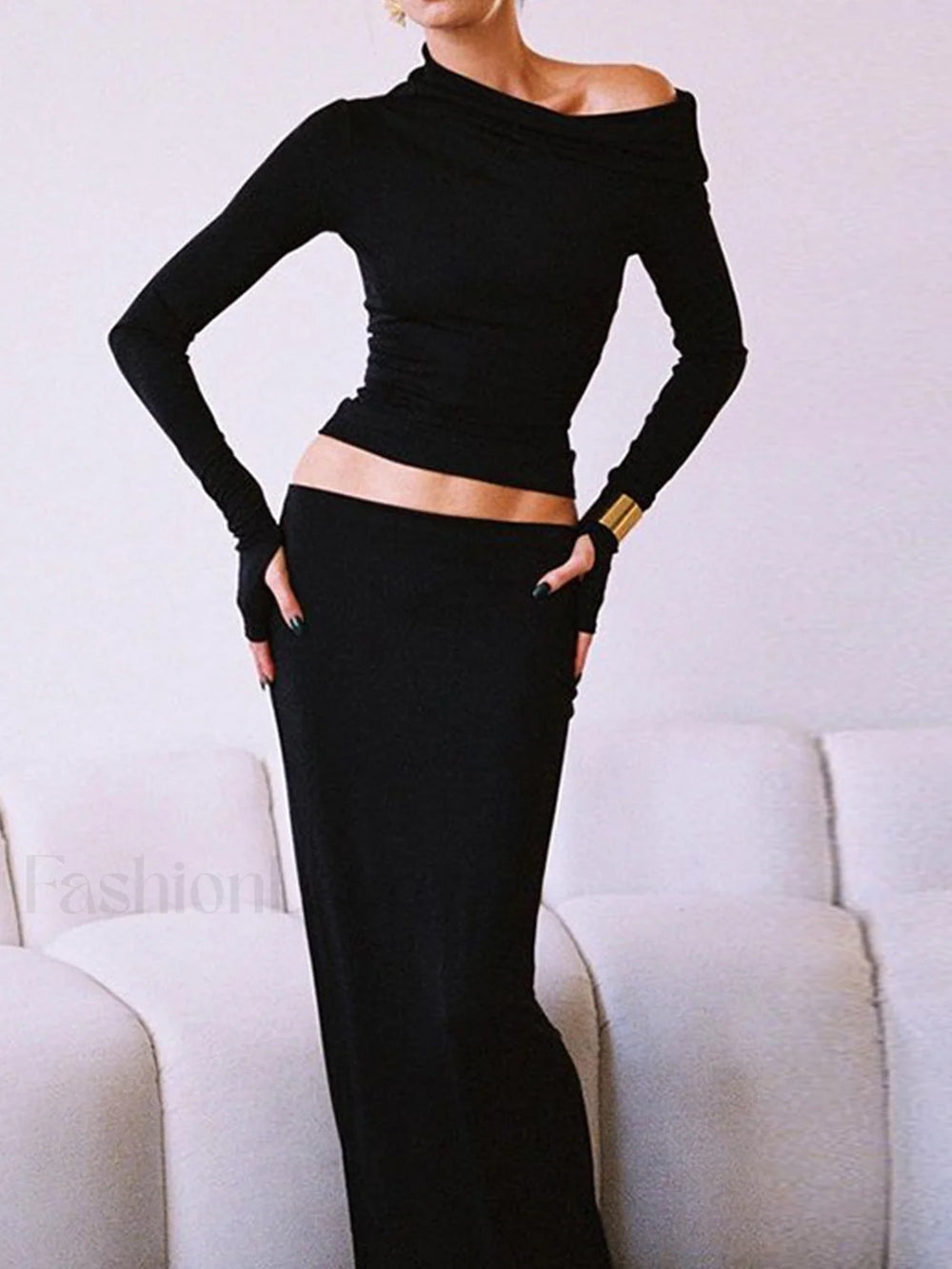 Matte Jersey One Shoulder Modern Off Maxi Skirt Set Skirt Sets