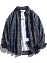 Men’s Checkered Long Sleeve Button Shirt Navy Blue / M Shirts
