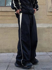 Men’s Contrast Paneled Loose Parachute Pants Wide Leg Pants