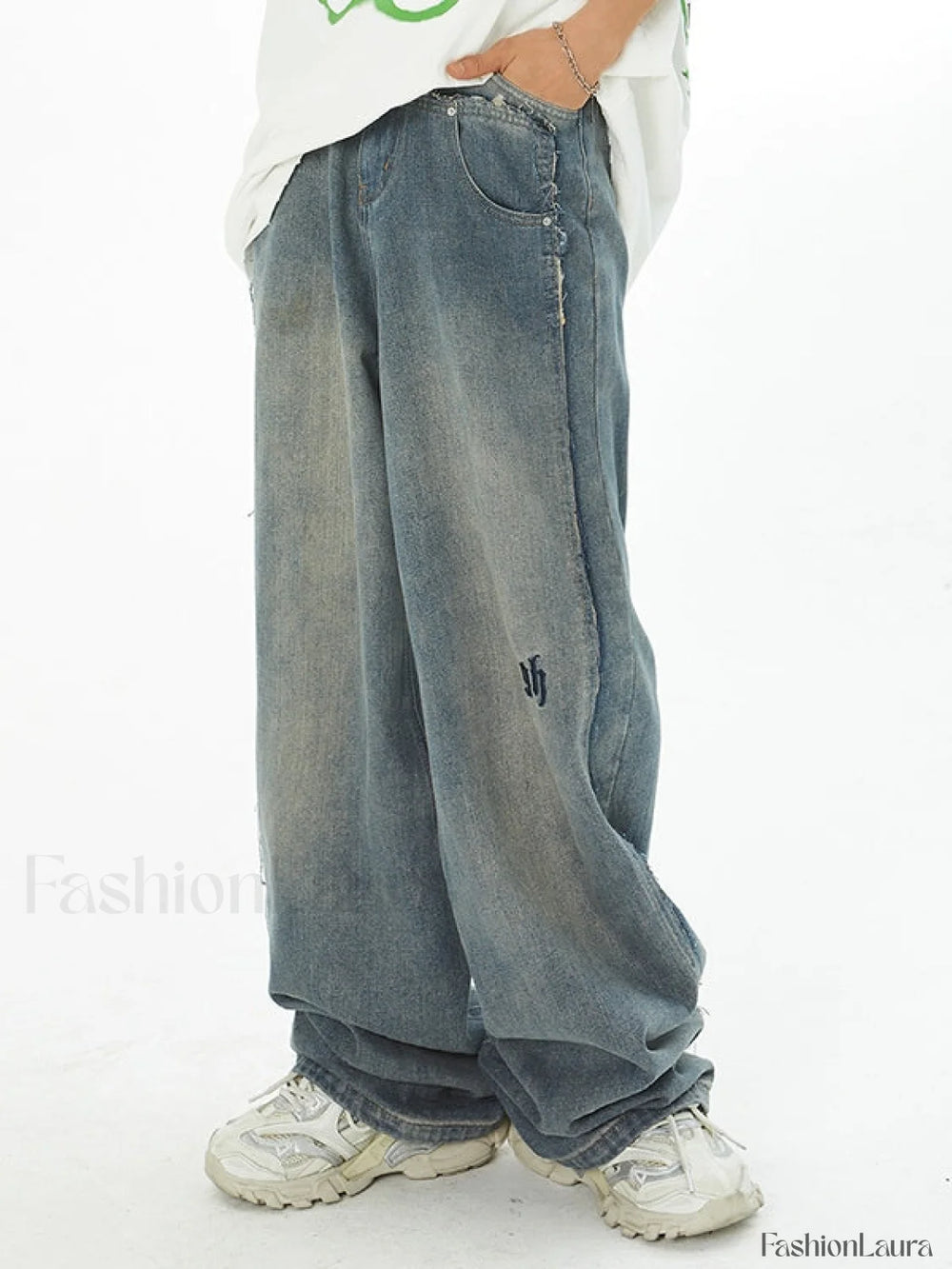 Men’s Faded Patchwork Distressed Loose Jeans Blue / M loose jeans