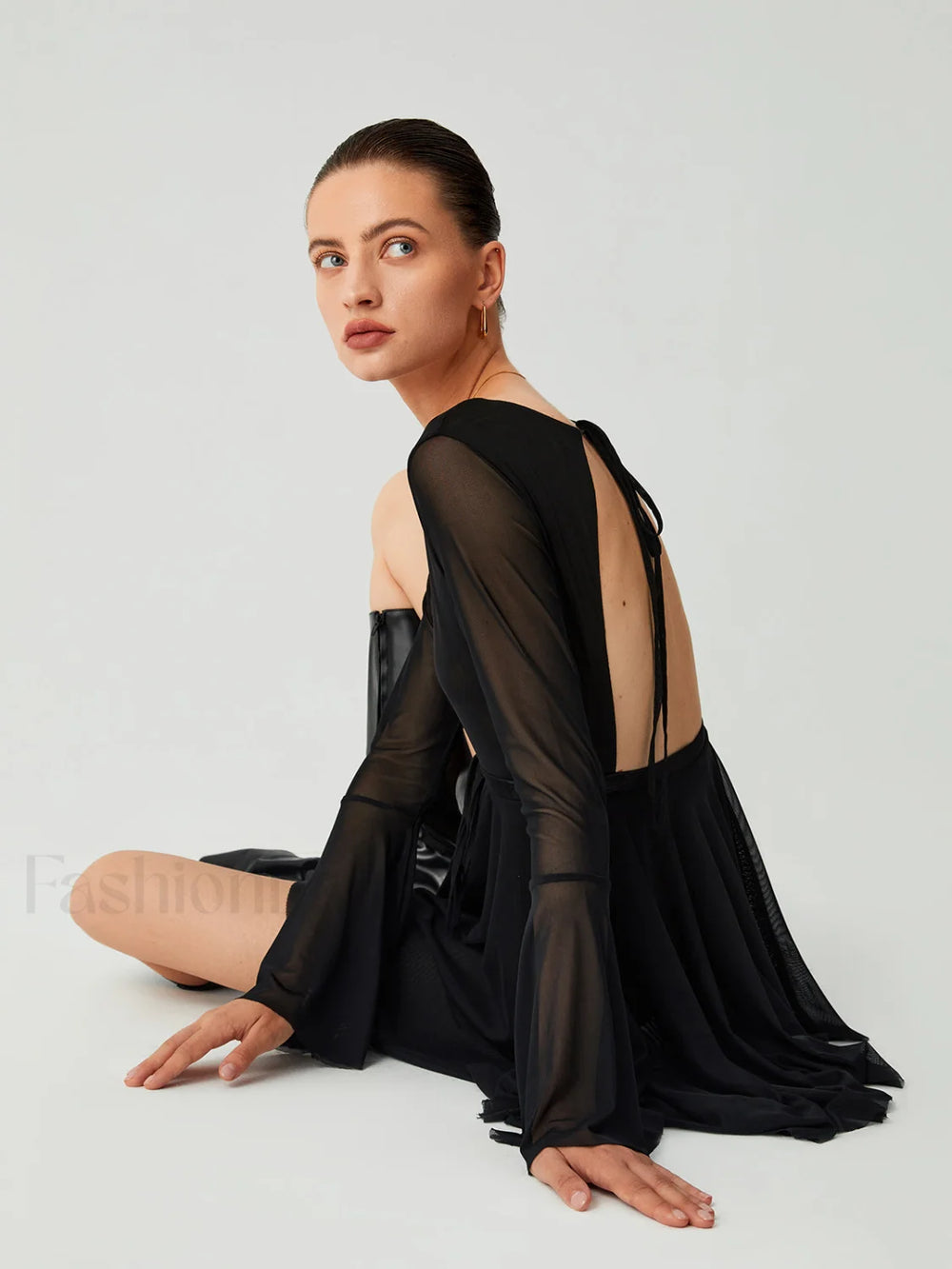 Mesh Flare Sleeve Trendy Open Back Short Dress Dresses