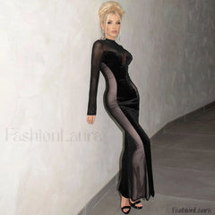Mesh Panel Velvet Mock Neck Long Sleeve Sheer Maxi Dress Black M / Black Party Dresses L