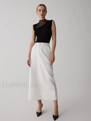 Mesh Patchwork Graceful Sleeveless Top Sweaters L