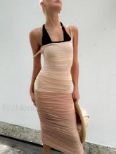 Mesh Patchwork Pleated Midi Dress