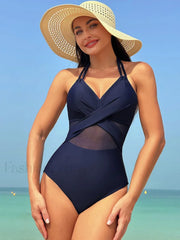 Mesh Spliced Lace Up Backless One Piece