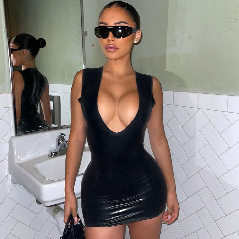 Deep V Neck Sleeveless Bodycon Club Mini Dress Black S / Black Party Dresses L