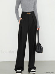 Middle Waist Solid Trendy Pocket Straight Leg Pants Black / XS Pants