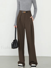 Middle Waist Solid Trendy Pocket Straight Leg Pants Dark Brown / XS Pants