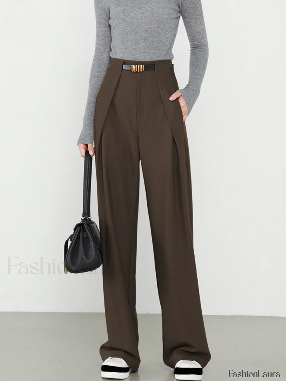 Middle Waist Solid Trendy Pocket Straight Leg Pants Dark Brown / XS Pants