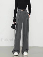 Middle Waist Solid Trendy Pocket Straight Leg Pants Grey / XS Pants