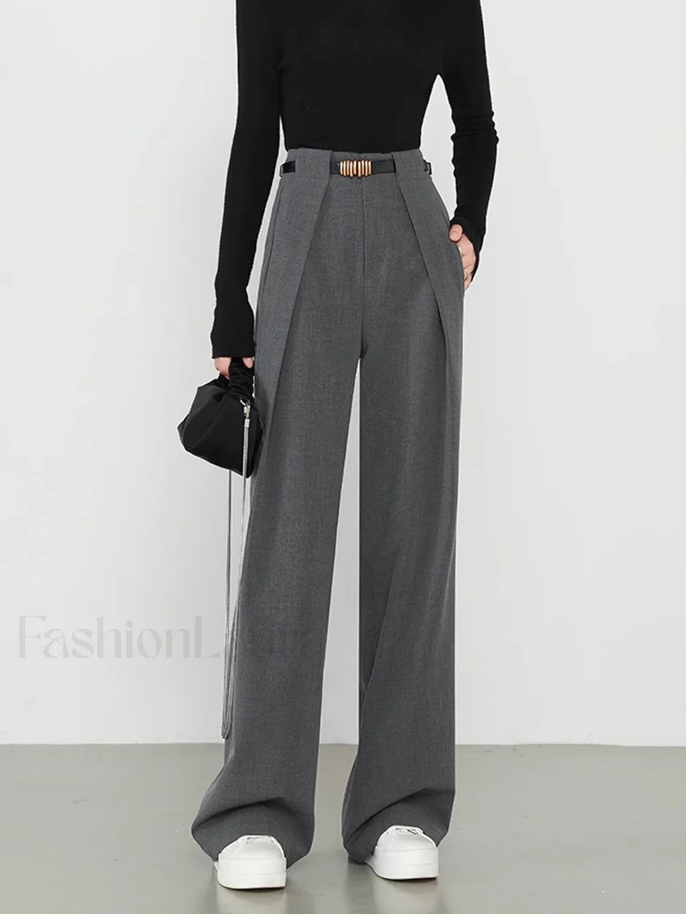Middle Waist Solid Trendy Pocket Straight Leg Pants Grey / XS Pants