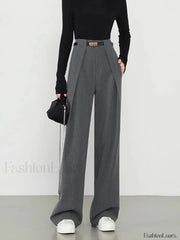 Middle Waist Solid Trendy Pocket Straight Leg Pants Grey / XS Pants