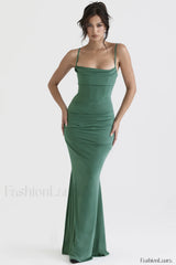 Milena Elegant Herringbone Dress XS / Forest Green