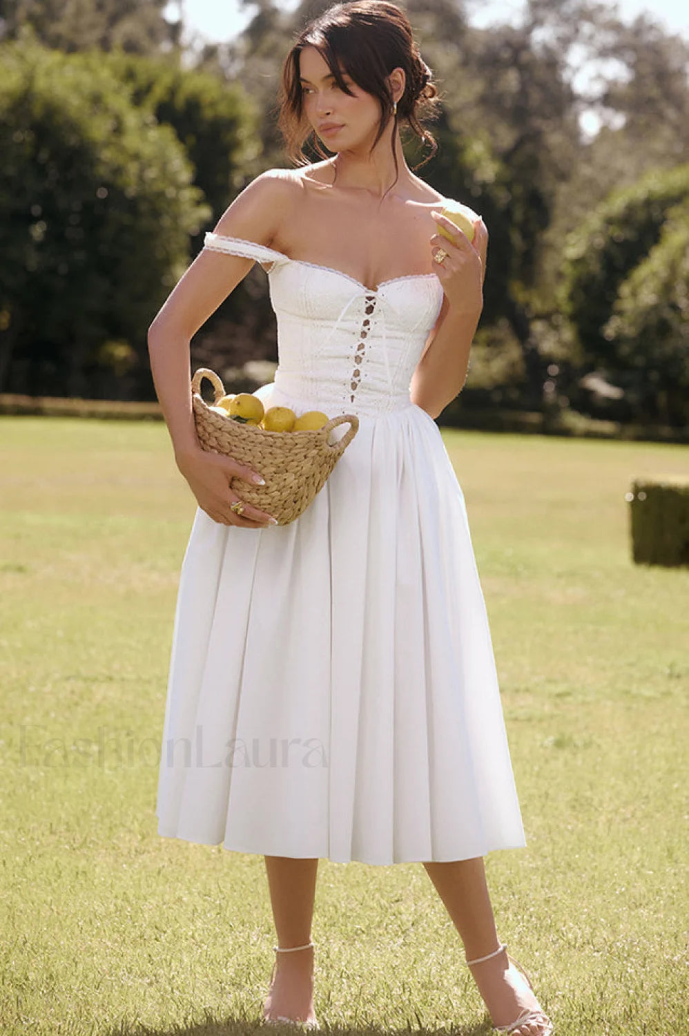 Milia White Stylish Brogue Cotton Dress