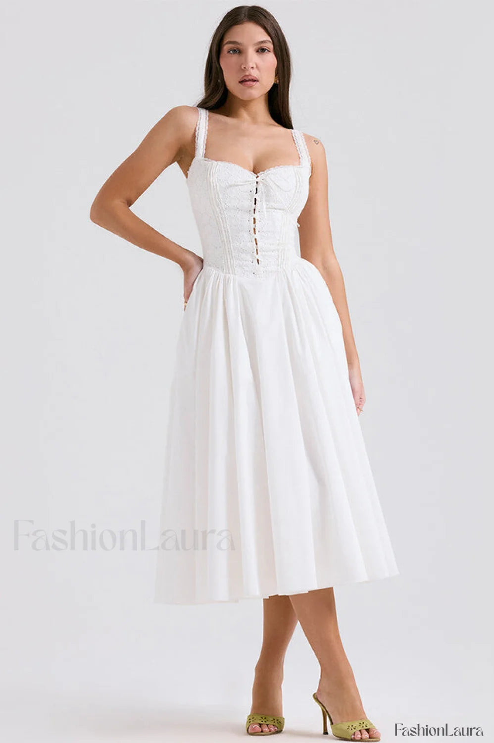 Milia White Stylish Brogue Cotton Dress S / White
