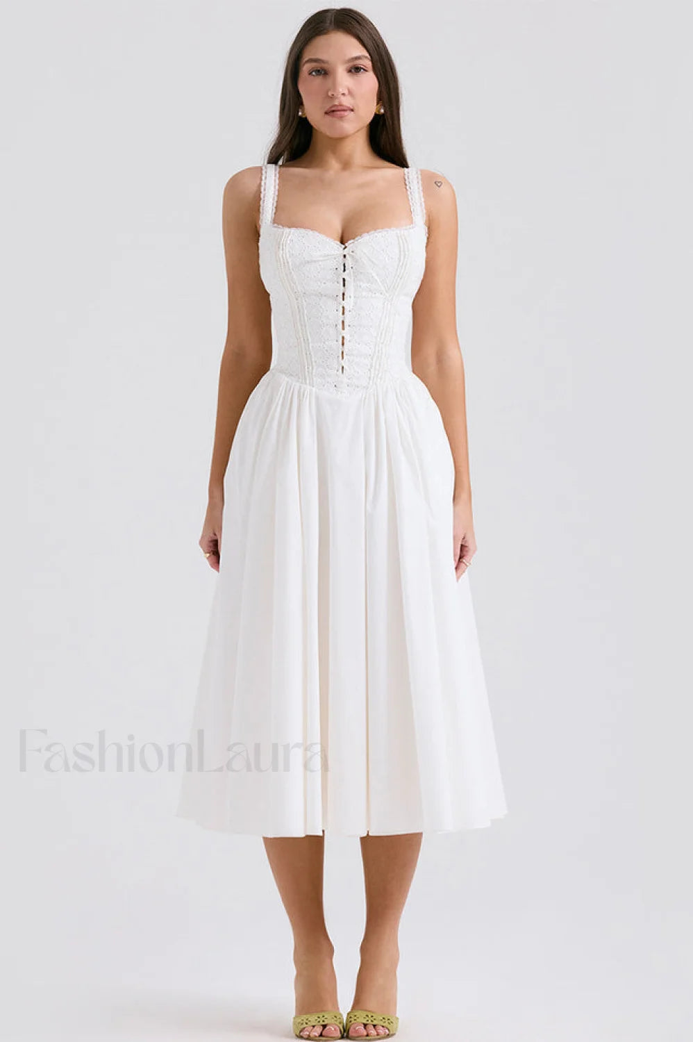 Milia White Stylish Brogue Cotton Dress XS / White