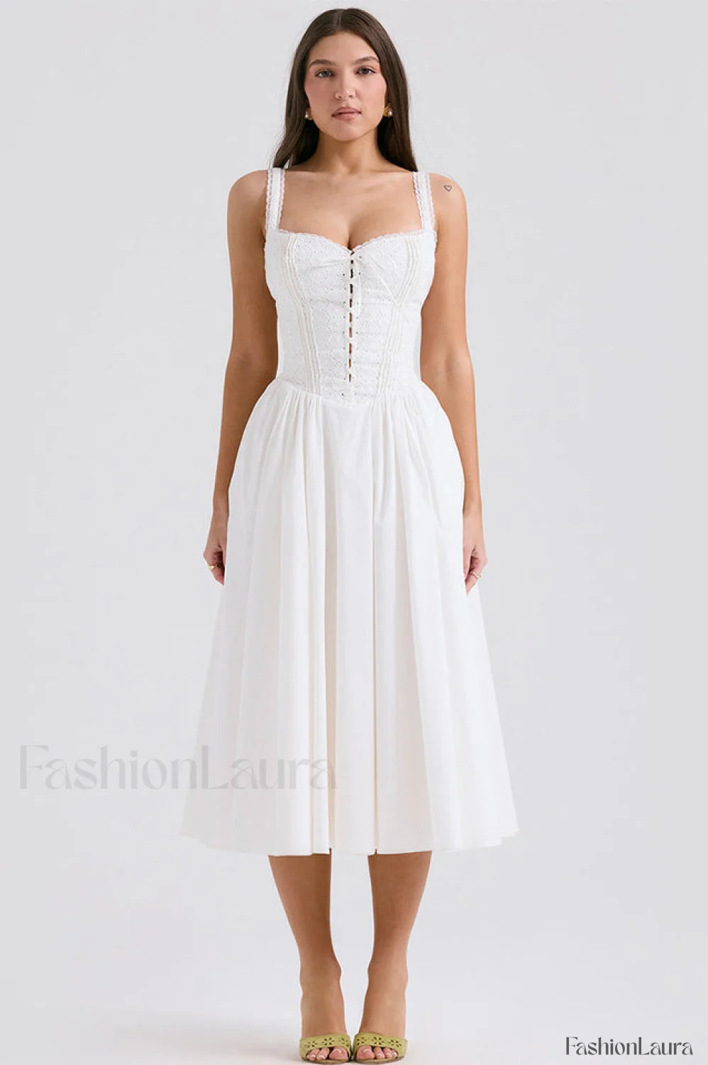 Milia White Stylish Brogue Cotton Dress XS / White