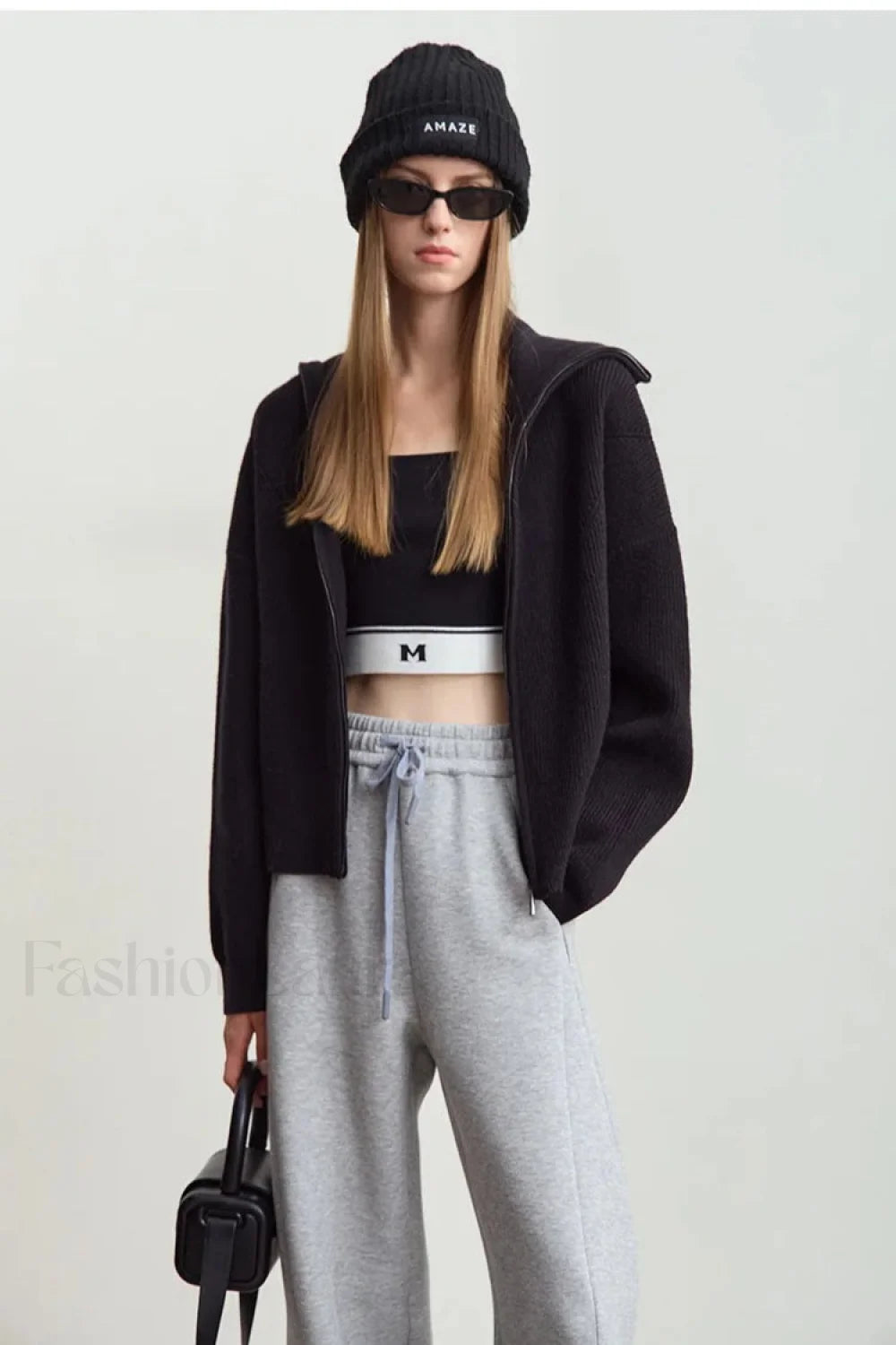 Minimalist Zipper Wool Ribbed Cardigan Black / S