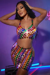 Mirror Disks Chain Charming Top +Skirt Set Free Size / Multi Color