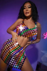 Mirror Disks Chain Charming Top +Skirt Set Free Size / Multi Color