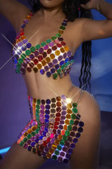 Mirror Disks Chain Charming Top +Skirt Set Free Size / Multi Color