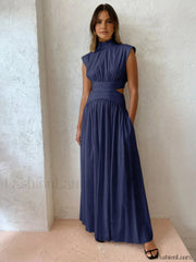 Mock Neck Cut Trendy Out Long Dress Navy / XS Dresses