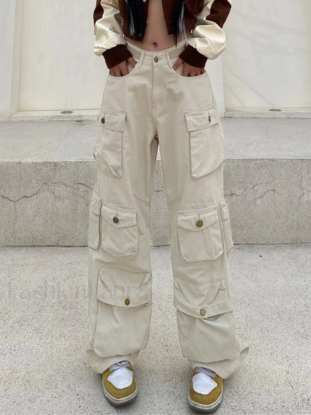 Multi Pockets Vintage Baggy Cargo Jeans Apricot / M Cargo Jeans