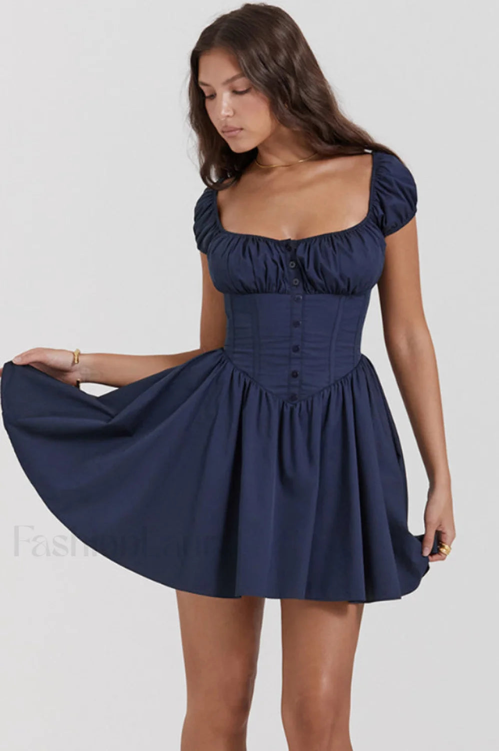 Nala French Navy Charming Gathered Mini Dress