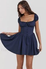 Nala French Navy Charming Gathered Mini Dress