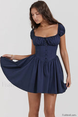 Nala French Navy Charming Gathered Mini Dress