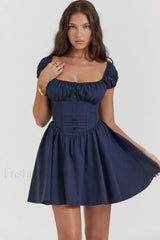 Nala French Navy Charming Gathered Mini Dress