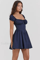 Nala French Navy Charming Gathered Mini Dress