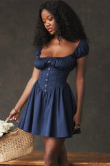 Nala French Navy Charming Gathered Mini Dress