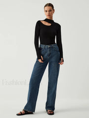 New Era Halter Cutout Modern Long Sleeve Knit Top Black / S Sweaters L