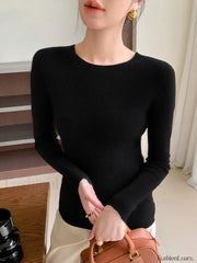 New Fashion Women’s Slim O neck Half Sleeve Pullover Solid Color Merino Wool Sweater BLACK / S Sweaters L