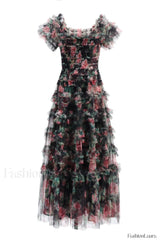 Nola Ruched Stylish Floral Maxi Dress S / Black Floral