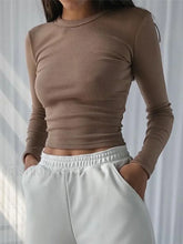 O Neck Long Sleeve Ribbed Cropped T shirt