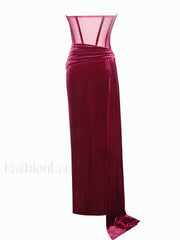 Octavia Burgundy Draping Crystal Graceful Corset High Slit Velvet Gown Gowns