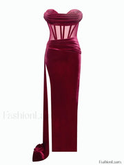 Octavia Burgundy Draping Crystal Graceful Corset High Slit Velvet Gown Gowns