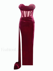 Octavia Burgundy Draping Crystal Graceful Corset High Slit Velvet Gown Gowns
