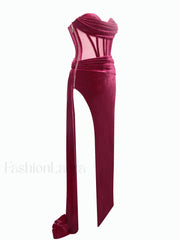 Octavia Burgundy Draping Crystal Graceful Corset High Slit Velvet Gown Gowns