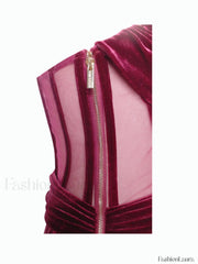 Octavia Burgundy Draping Crystal Graceful Corset High Slit Velvet Gown Gowns