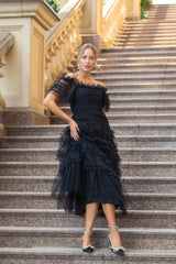 Off Shoulder Dotted Charming Tulle Maxi Dress