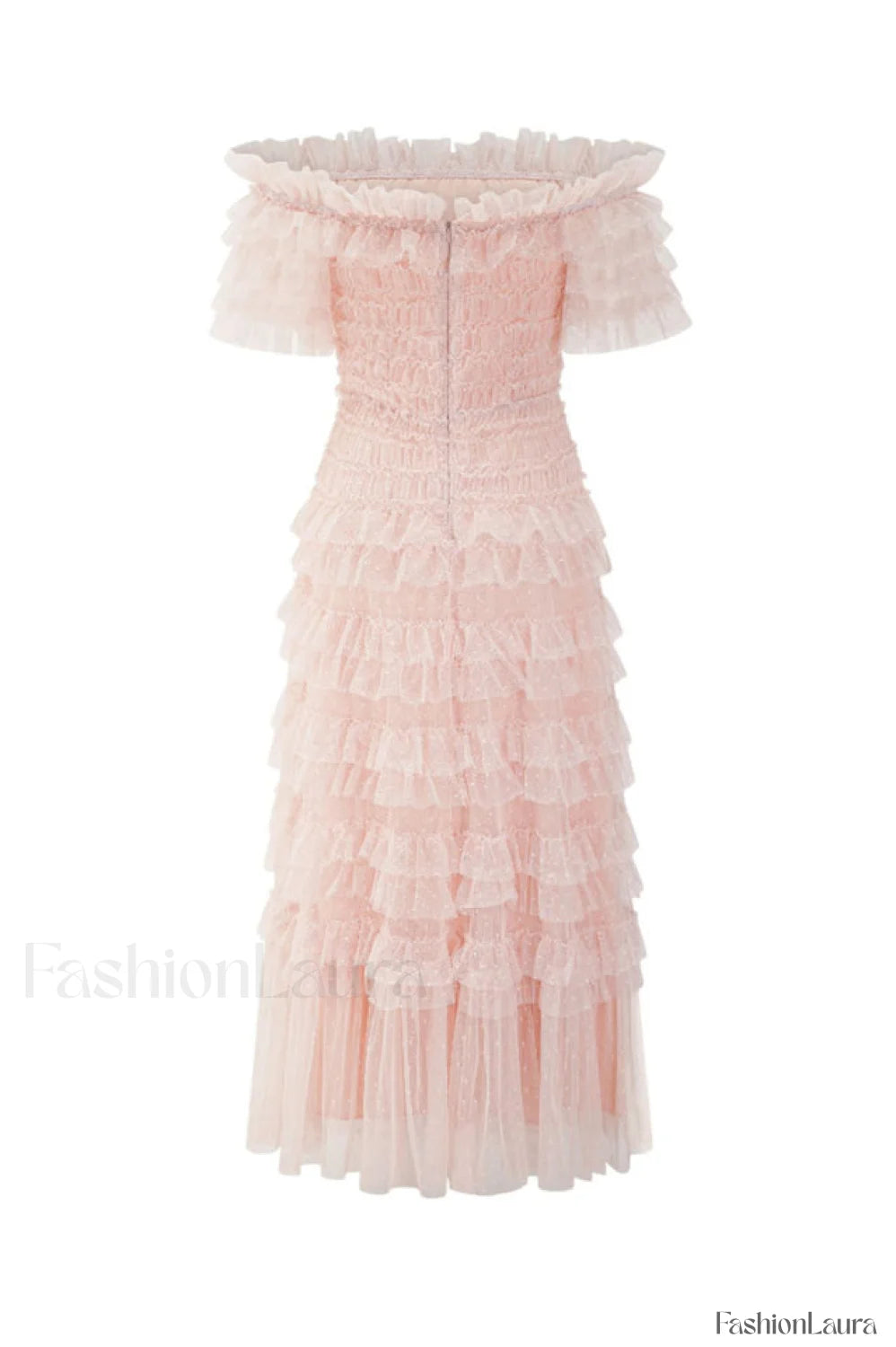 Off Shoulder Dotted Charming Tulle Maxi Dress