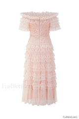 Off Shoulder Dotted Charming Tulle Maxi Dress