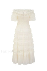 Off Shoulder Dotted Charming Tulle Maxi Dress